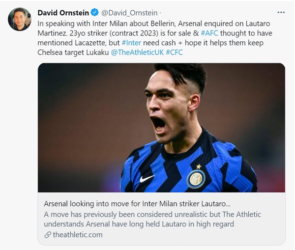 David Ornstein drops Arsenal transfer update on Inter star Lautaro Martinez - Bóng Đá