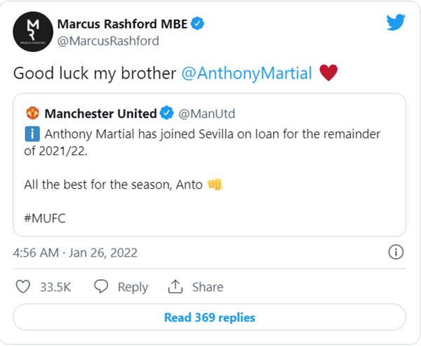 Marcus Rashford sends message to Anthony Martial after Manchester United forward completes Sevilla move - Bóng Đá