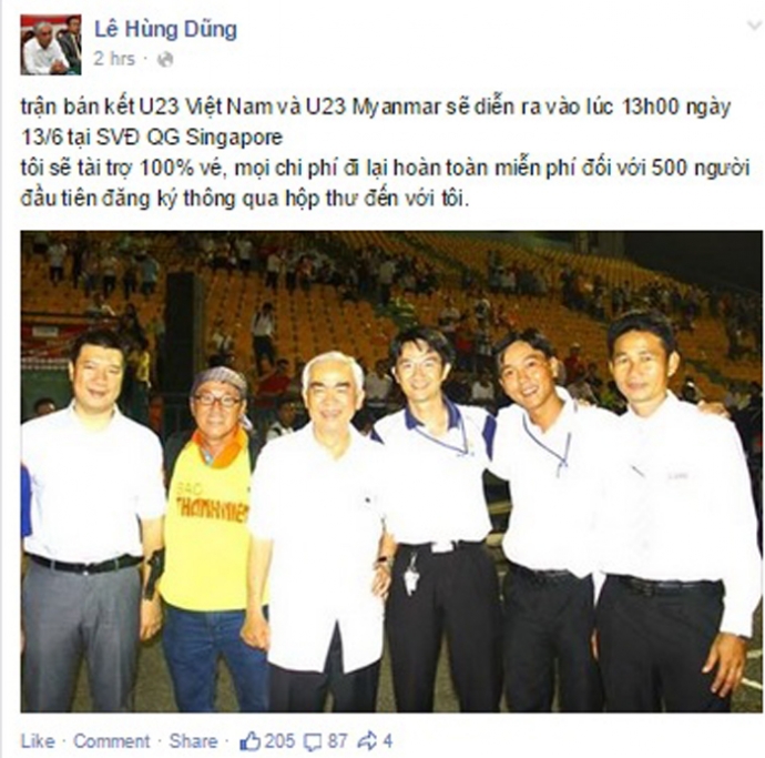  Facebook giả mạo chủ tịch VFF Lê Hùng Dũng đăng thông tin tài trợ vé, chi phí đi lại xem trận U23 Việt Nam - U23 Myanmar ngày 13/6.