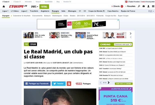 Báo Pháp công kích Florentino Perez và Real Madrid dữ dội. Ảnh: Internet.