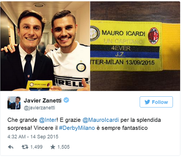 Zanetti chúc mừng Inter sau thắng lợi ở trận derby thành Milano. Ảnh: Internet.