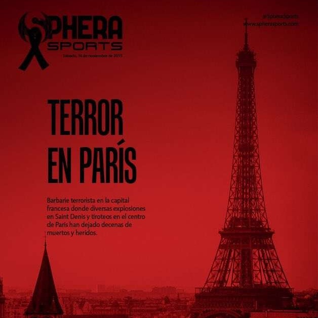 Trên trang bìa, tờ L’Equipe (Pháp) giật title lớn “Kinh hoàng” trên phông nền màu đen để nói về vụ khủng bố gần sân vận động Parc de France, ở Saint Denis và Paris.