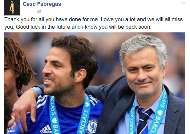 Fabregas cảm ơn Mourinho qua facebook. Ảnh chụp màn hình.