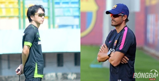 HLV Toshiya Miura (trái) và đồng nghiệp Luis Enrique (phải) đều trang bị kính chống nắng khi huấn luyện. Ảnh: Internet.