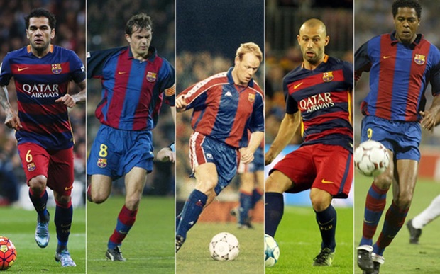 Dani Alves, Cocu, Koeman, Mascherano và Kluivert , những ngoại binh đá cho Barca nhiều trận nhất. Ảnh: Internet.