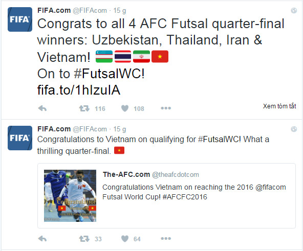 FIFA chúc mừng Việt Nam. Ảnh chụp màn hình.