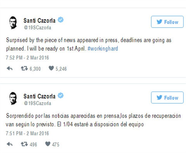 Santi Cazorla sẽ trở lại vào tháng Tư.