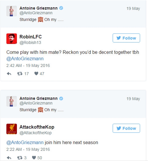 Fan Liverpool đã đồng loạt 'tấn công' vào trang Twitter cá nhân của Antoine Griezmann. Ảnh: Internet. 