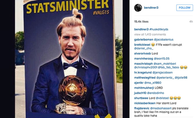 Bendtner bất ngờ tranh cử Thủ tướng Đan Mạch. Ảnh: Instagram.