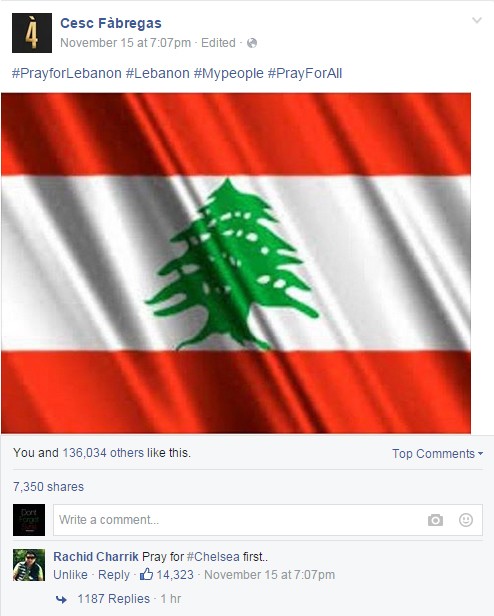 Fabregas bị fan đá xoáy khi đăng ảnh cầu nguyện cho Lebanon