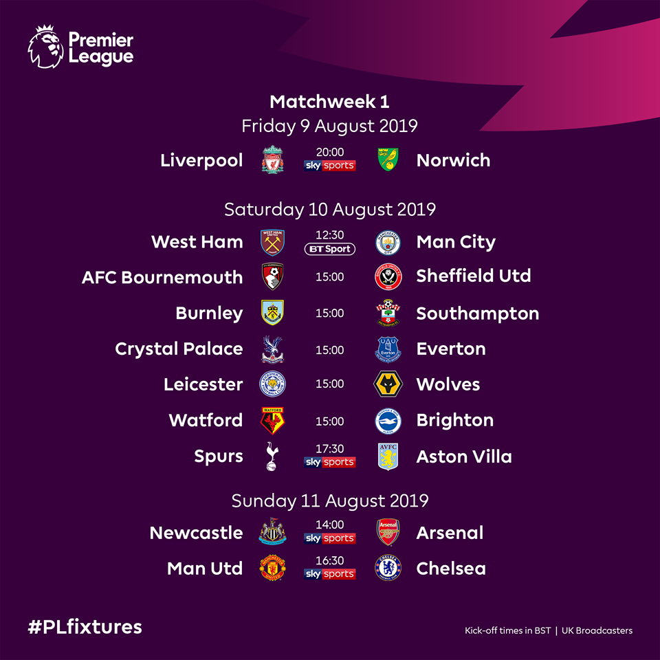 CHÍNH THỨC! Công bố lịch thi đấu Premier League 2019/20 - Bóng Đá