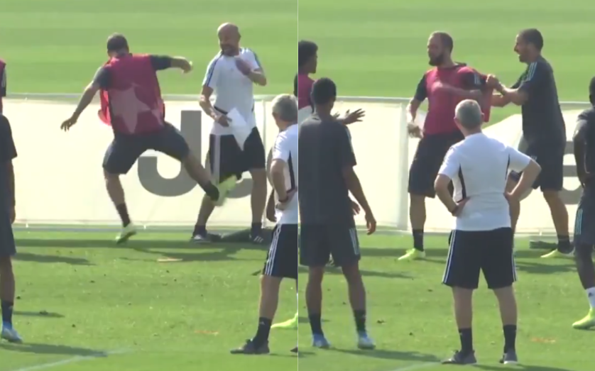 Gonzalo Higuain loses it in training, kicks coach before turning anger on hoarding - Bóng Đá