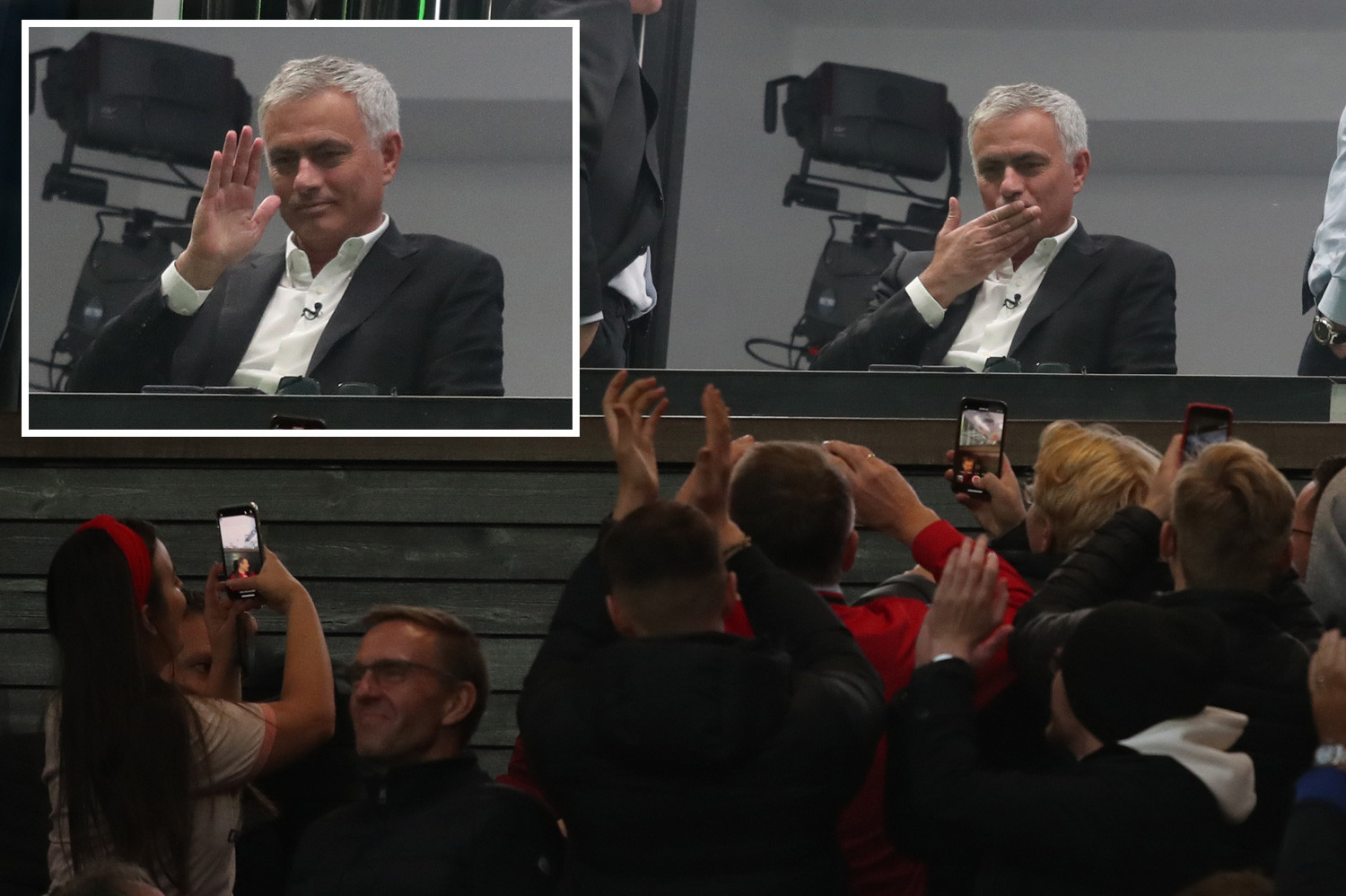 Jose Mourinho gestures to Man Utd fans at Old Trafford after they sing his name - Bóng Đá