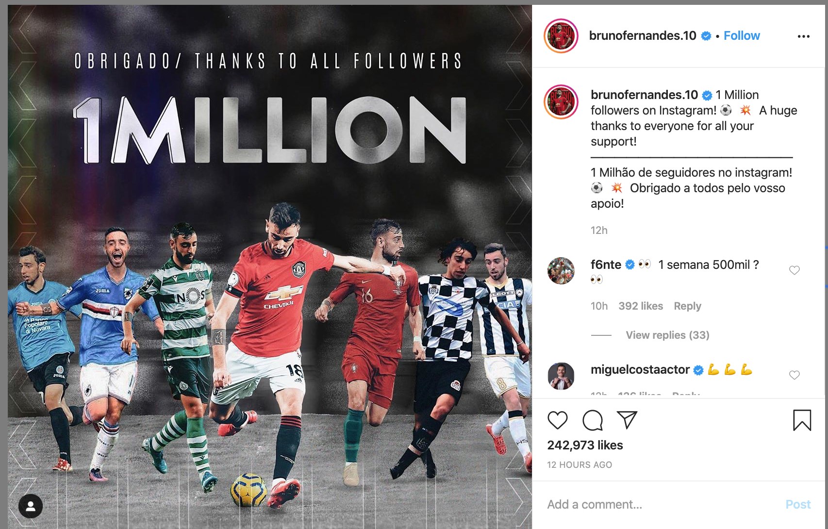 Trang Instagram Fernandes tăng chóng mặt sau khi gia nhập Man Utd - Bóng Đá