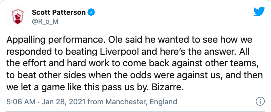 "Ole cho biết ông ấy muốn xem cách cả đội phản ứng sau khi thắng Liverpool và đây là câu trả lời. Tất cả những nỗ lực để đánh bại các đội bóng khác cho dù mọi thứ chống lại chúng ta, và rồi chúng ta để thua một trận đấu như thế này đây. Thật kỳ quái," một CĐV tỏ ra khó hiểu.
