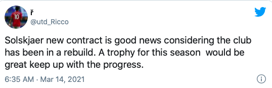 Hợp đồng mới của Solskjaer là một tin tốt khi câu lạc bộ đang trong quá trình xây dựng lại. Một danh hiệu cho mùa giải này sẽ rất tuyệt nếu theo kịp tiến độ.