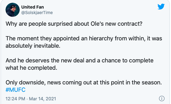 Tại sao mọi người lại ngạc nhiên về hợp đồng mới của Ole? Thời điểm họ bổ nhiệm Giám đốc bóng đá và Giám đốc kỹ thuật, điều này gần như khó thể tránh khỏi. Và Ole xứng đáng với phần thưởng này, để hoàn thành những gì ông ấy đã tạo ra ở đội bóng.