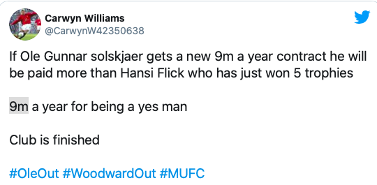 Nếu Ole nhận được hợp đồng mới 9 triệu một năm, ông ấy sẽ được trả nhiều hơn Hansi Flick, người vừa giành được 5 danh hiệu. Câu lạc bộ coi như đã kết thúc.