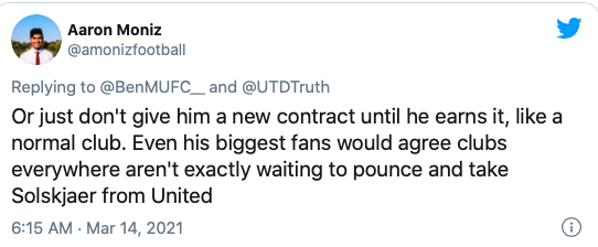 Hoặc không trao cho Ole một hợp đồng mới cho đến khi ông ấy giành được danh hiệu, giống như một câu lạc bộ bình thường. Ngay cả những người hâm mộ lớn nhất của ông ấy cũng sẽ đồng ý rằng, các câu lạc bộ ở khắp mọi nơi còn chẳng muốn mang Ole về làm HLV của họ.