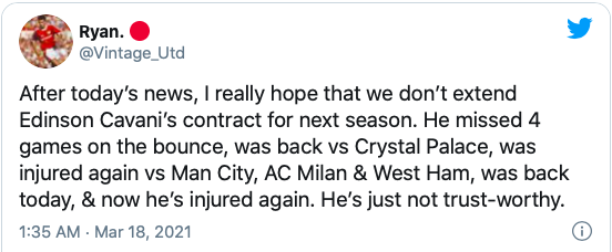 Man Utd fans hope Edinson Cavani is released after latest injury setback - Bóng Đá