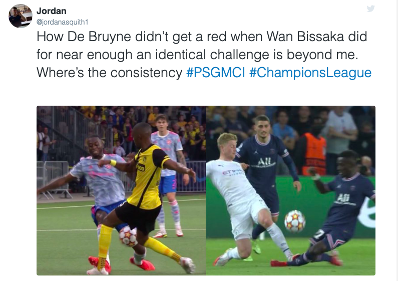 Pha bóng tương tự nhưng De Bruyne không bị đuổi.