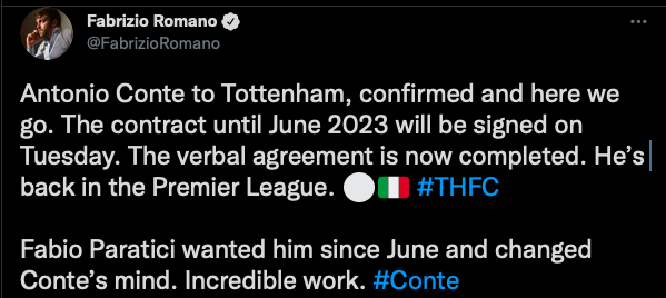 Fabrizio Romano: Antonio Conte to Tottenham, confirmed and here we go. - Bóng Đá