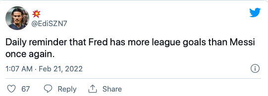 Manchester United fans can't believe Fred has scored more league goals than Lionel Messi - Bóng Đá