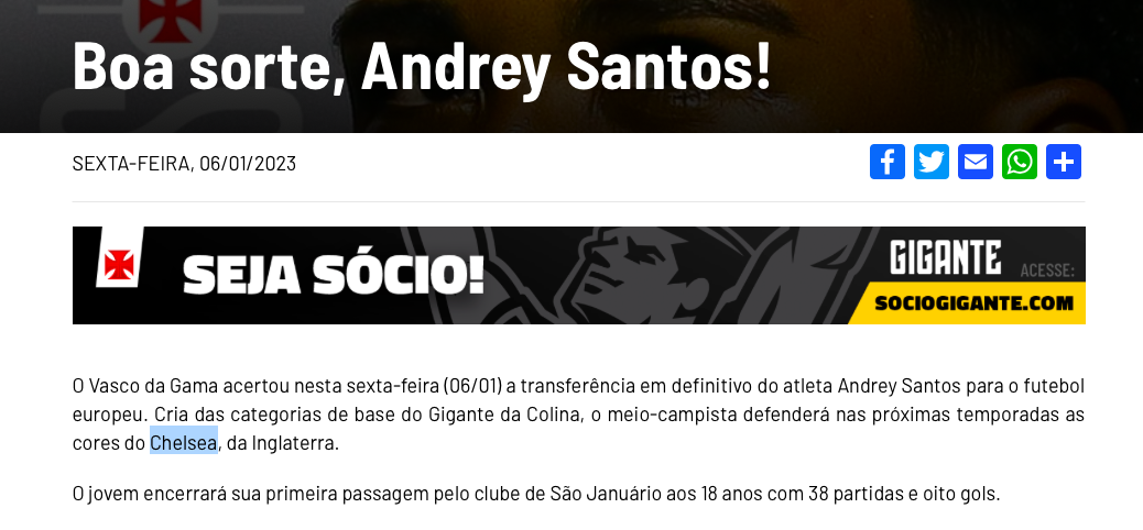 Official: Andrey Santos - Bóng Đá