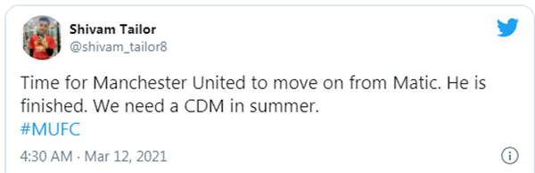 "Đã đến lúc Man Utd phải có động thái với Matic. Thời gian cho anh ấy đã hết. Chúng ta cần một tiền vệ phòng ngự vào mùa hè này."