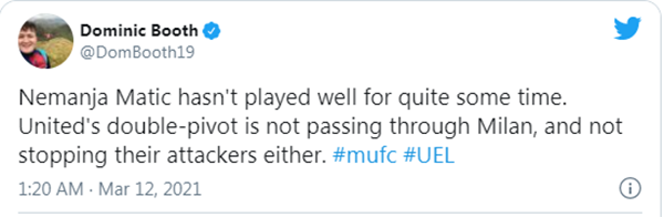 "Thỉnh thoảng Matic lại chơi không tốt. United có 2 tiền vệ trung tâm và họ không thể chuyền qua các cầu thủ Milan và cũng không ngăn được các cầu thủ tấn công của đối phương."