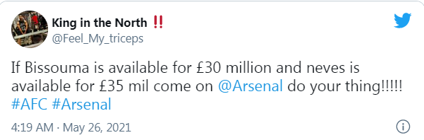 "Nếu Bissouma có giá 30 triệu bảng và Neves 35 triệu bảng thì Arsenal nên biết cần phải làm gì."