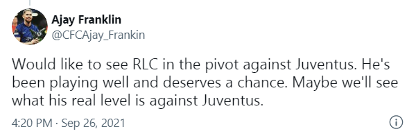 "Rất mong được xem Loftus-Cheek thi đấu ở vị trí pivot trong trận gặp Juventus. Cậu ta đã thi đấu rất tốt và xứng đáng có được cơ hội. Có thể chúng ta sẽ chứng kiến được đẳng cấp thật sự của cậu ấy ở trận gặp Juventus."
