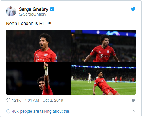 Arsenal fans love Serge Gnabry’s dig at Tottenham after 7-2 defeat to Bayern Munich - Bóng Đá