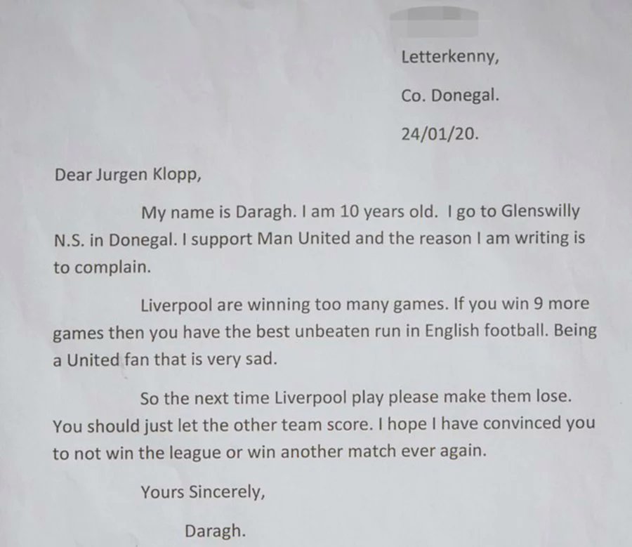 Liverpool thua liên tiếp sau khi cậu bé Daragh Curley viết thư gửi Klopp - Bóng Đá