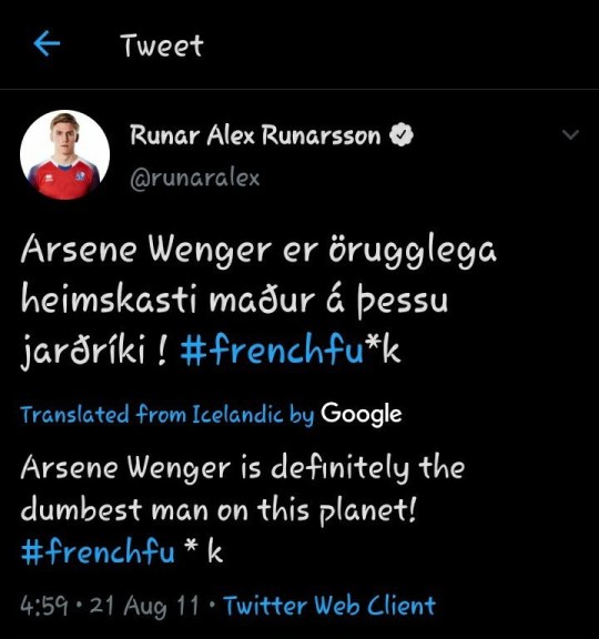 Arsenal target Runar Alex Runarsson deletes tweets calling Arsene Wenger a ‘French f**k’ - Bóng Đá