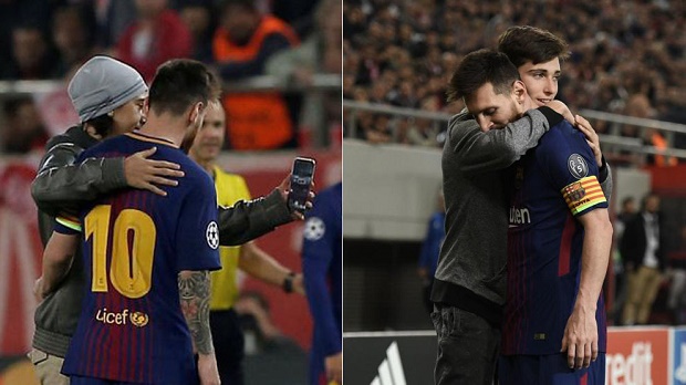 CĐV tự do xuống sân ôm hôn Messi trong trận đấu với Olympiakos - Bóng Đá