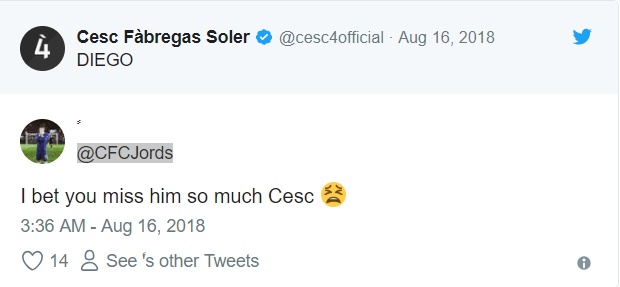 Fabregas đăng twitter chúc mừng Diego Costa - Bóng Đá