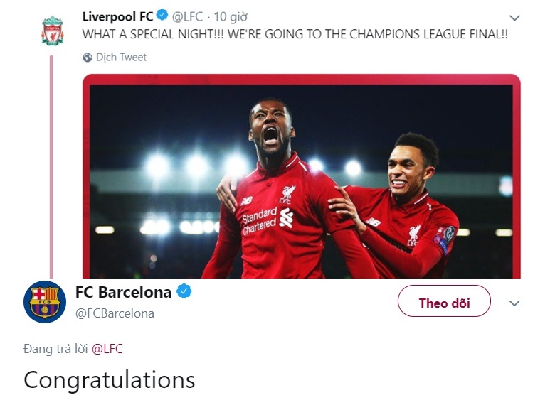 Barca chúc mừng Liverpool qua twitter - Bóng Đá