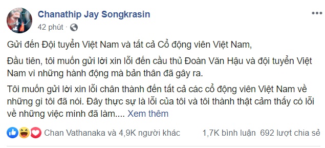 Chanathip xin lỗi CĐV Việt Nam - Bóng Đá