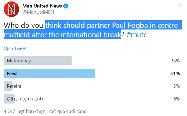 51% United fans think Fred should partner Paul Pogba in centre midfield after the international break - Bóng Đá