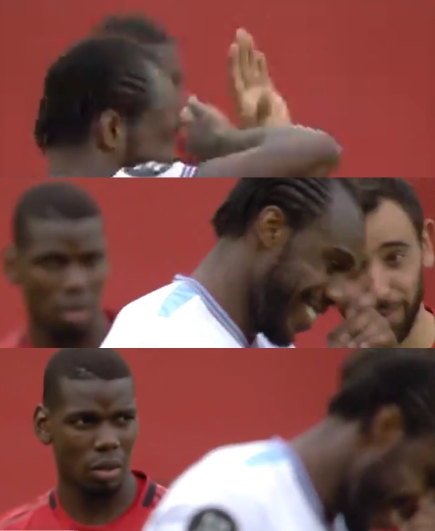 Paul Pogba looks unamused as Man Utd teammate Bruno Fernandes jokes with Michail Antonio over handball  - Bóng Đá