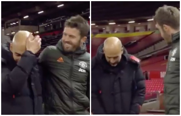 Michael Carrick and Pep Guardiola's intense chat after Manchester derby - Bóng Đá