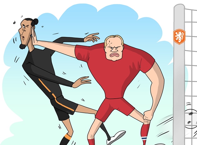 Ở cuộc đọ sức giữa Na Uy và Hà Lan, Erling Haaland ghi bàn bất chấp nỗ lực truy cản của Virgil van Dijk.