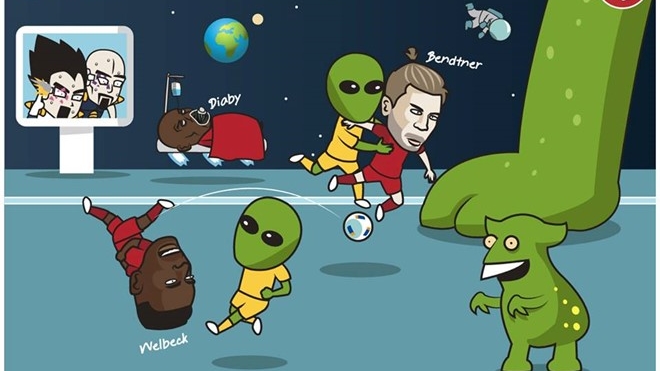 Hí họa Bendtner tỉ thí với người ngoài hành tinh