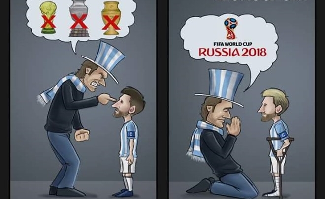 Biếm họa Argentina quỳ xuống xin Messi trợ giúp
