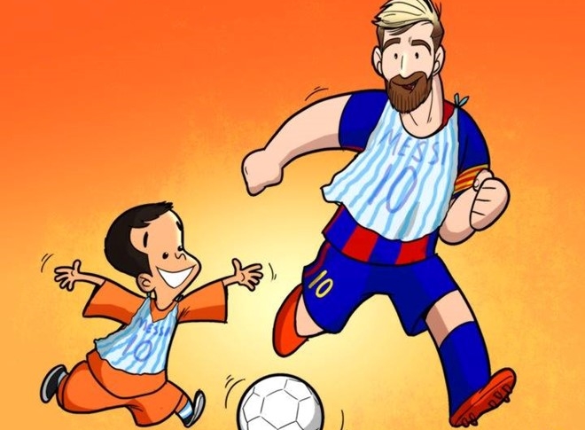 Biếm họa Messi diện đồng phục nylon như cậu bé