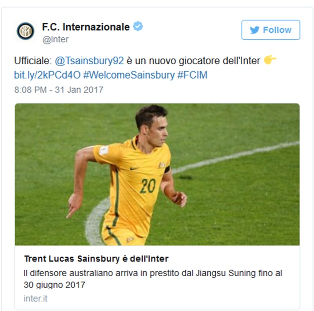 CHÍNH THỨC: Inter Milan đón trung vệ từ Trung Quốc