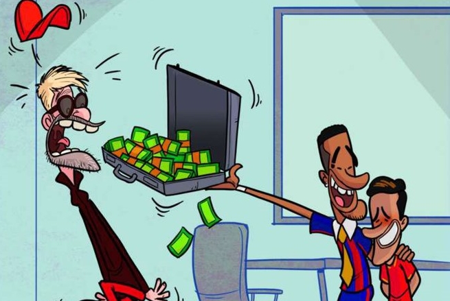 Hí họa Neymar dùng vali tiền để đưa Coutinho về Barca