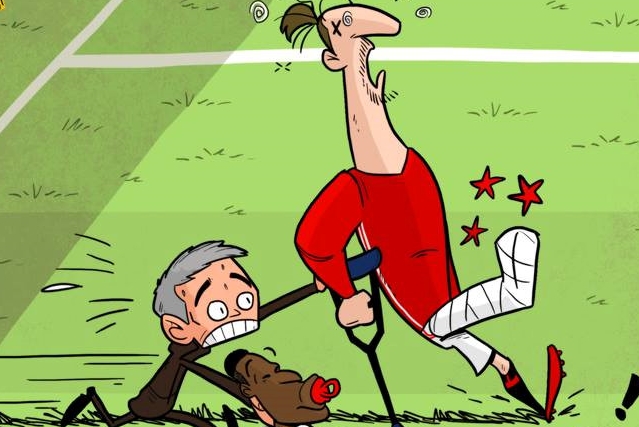 Hí họa Mourinho bắt Ibra đá bóng với cái chân bó bột
