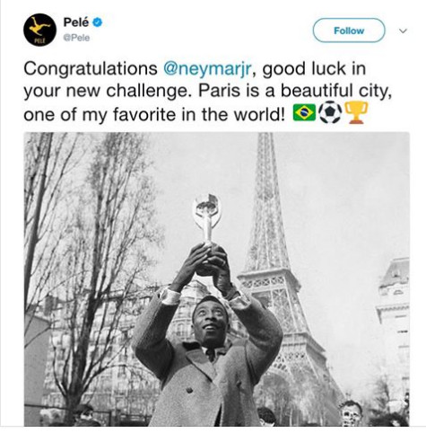 Huyền thoại Pele 'nâng cúp' mừng Neymar gia nhập PSG